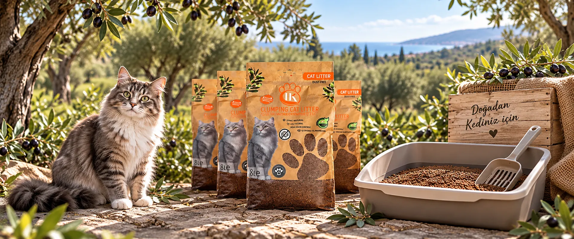 Ayvalık'ta zeytinliğin içinde HK Cat Litter paketleri, bir kedi ve kum kabı