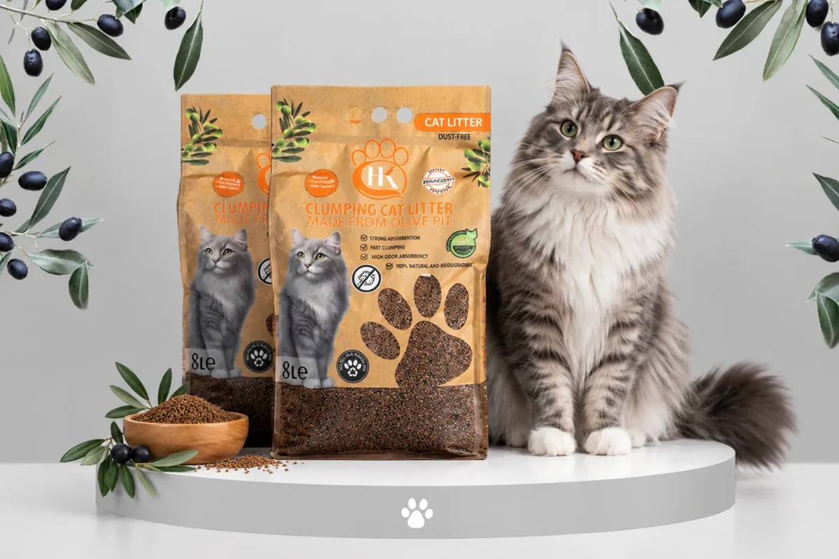 Zeytin çekirdeğinden üretilen HK Cat Litter paketleri ve bir kedi