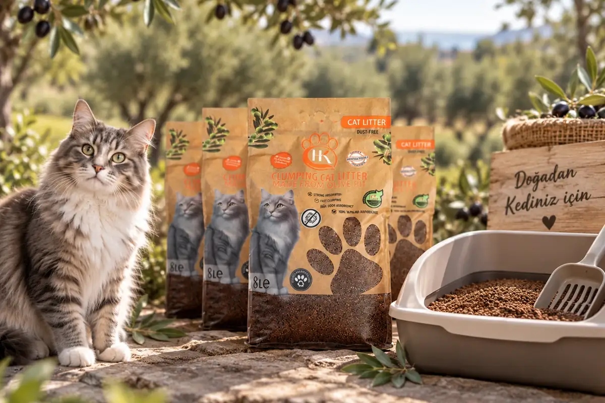 Ayvalık'ta zeytinlikte HK Cat Litter paketleri ve bir kedi